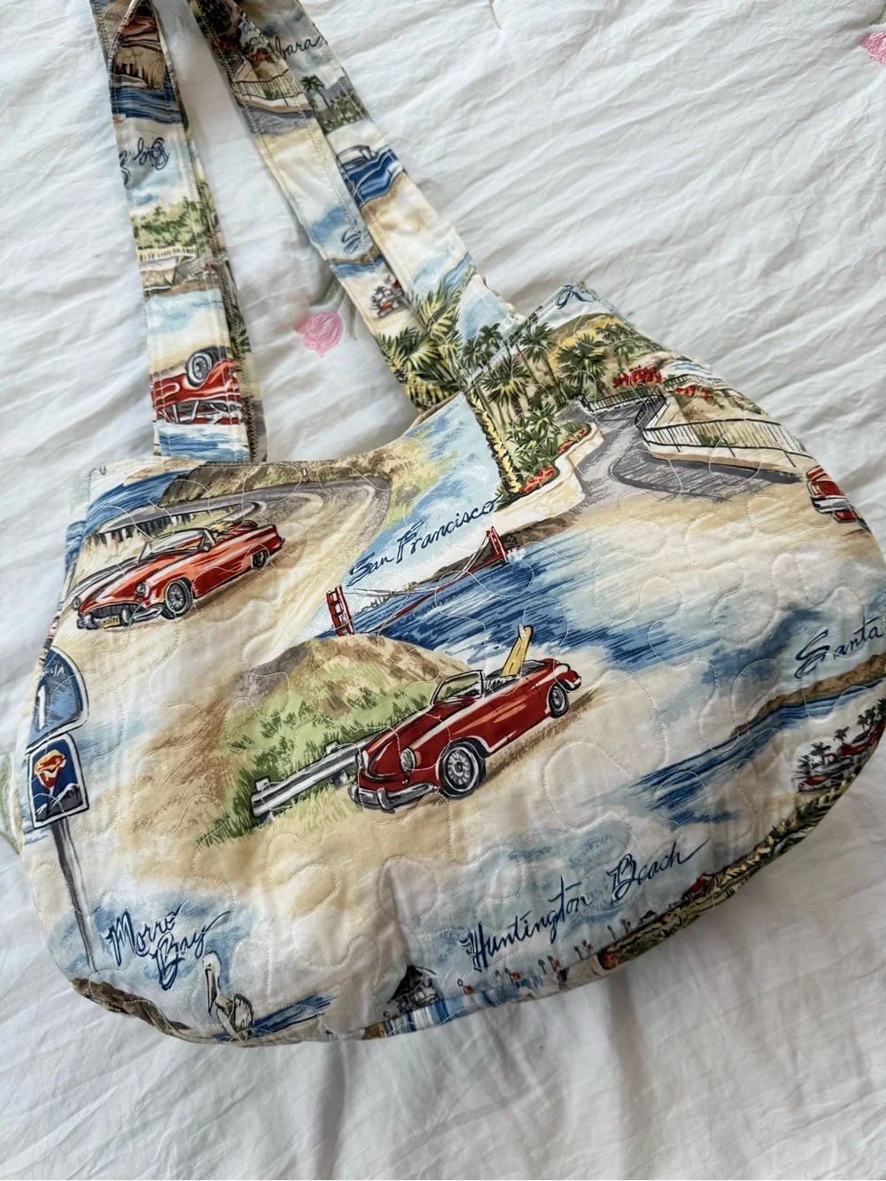 Vintage Scenic Car Print Quilted Beach Summer Tote Bag